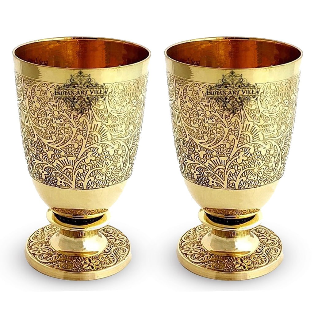 Indian Art Villa Pure Brass Embossed Designer Shine Finish Tumbler, Drinkware & Serveware, 350 ML , Gold