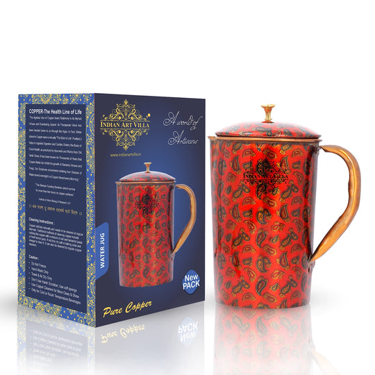 Stylish candy series copper jug with red  art and lid, 1500ml serveware from Indian Art Villa

