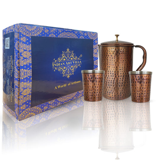 Indian Art Villa Steel Copper Antique Dark Tone Jug and Glass Set with Gift Box, Perfect Copper Drinkware Gift Set.