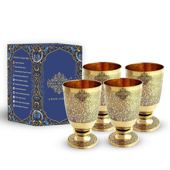 Brass glass set with flower embossed design ideal for showcasing on bookshelves as a unique decorative item