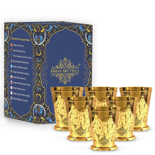 Pital glass set of 6 with flower pattern perfect for Indian households natural health support by indian art villa