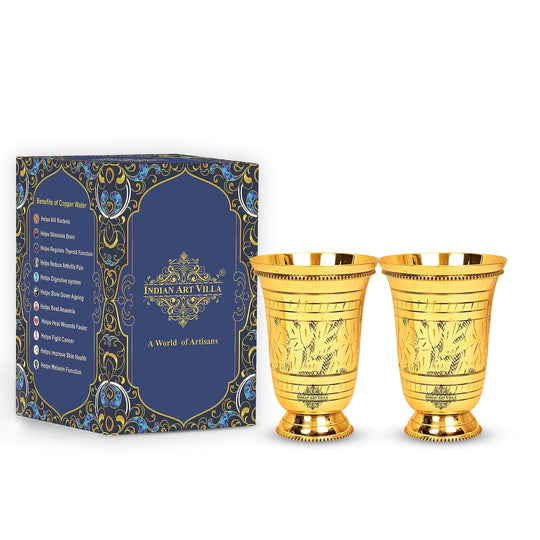 Premium brass Mughlai glass set featuring detailed embossed leaf design ideal for serving beverages at Indian Art Villa