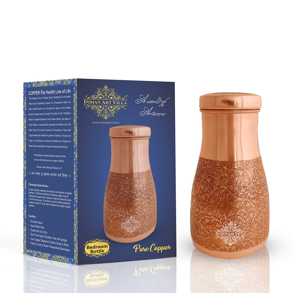 INDIAN ART VILLA Pure Copper Embossed Design Bedroom Water Bottle with Inbuilt Glass, Health Benefits, 1000 ML