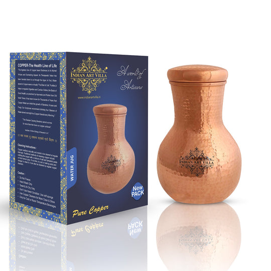Indian Art Villa Matka Shape Hammered Pure Copper Bedroom Bottle with Inbuilt Glass for Ayurvedic Water Storage