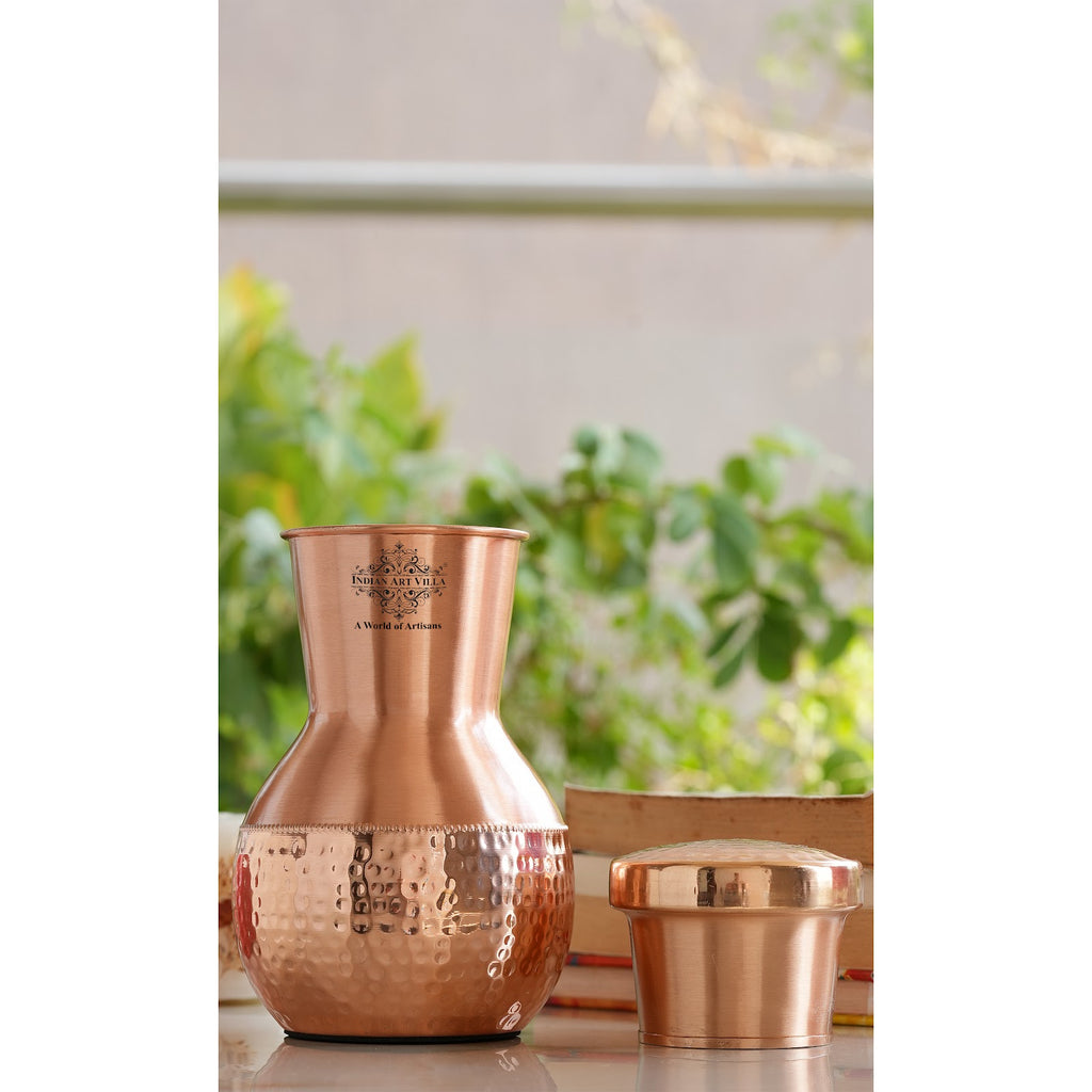 Indian Art Villa Pure Copper Smooth, Half-Hammered Matka Style Lacquer Coated Bedroom Bottle With In-Built Glass, Drinkware, 1200ml