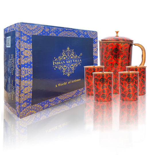 Stylish red copper jug set – designer printed pitcher with 4 matching glasses and gift box by Indian Art Villa