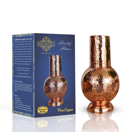Large 1100ml Hammered Pure Copper Surahi Bottle with Built-in Glass for Healthy Hydration by Indian Art Villa
