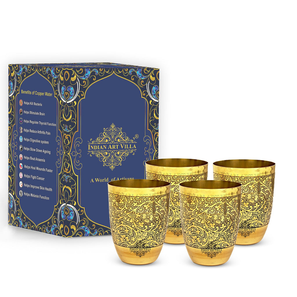 Indian Art Villa Embossed Design Brass Glass Tumbler Cup, Drinkware, Home Restaurant, 350 ML, Gold