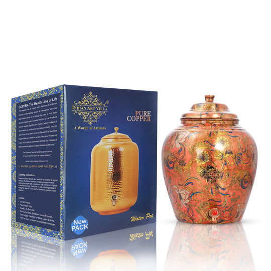 Wide angle of 5L round copper matka on stand showing large body elevated – copper water pot with stand