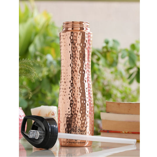 Indian Art Villa pure copper sipper bottle with elegant packaging, designed for Ayurvedic benefits and easy hydration.
