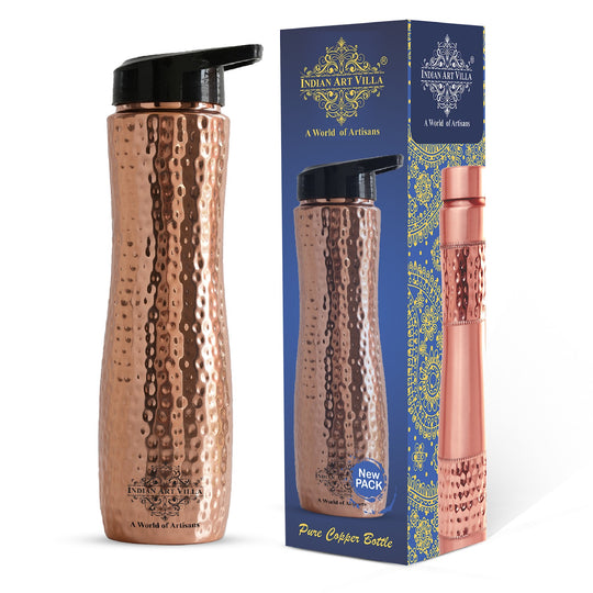 Indian Art Villa pure copper sipper bottle with elegant packaging, designed for Ayurvedic benefits and easy hydration.