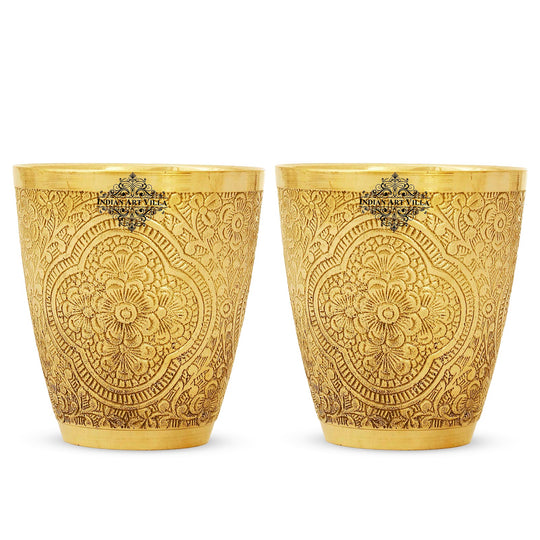 Handcrafted Pure Brass Embossed Designer Tumbler, Glass  280 ml
