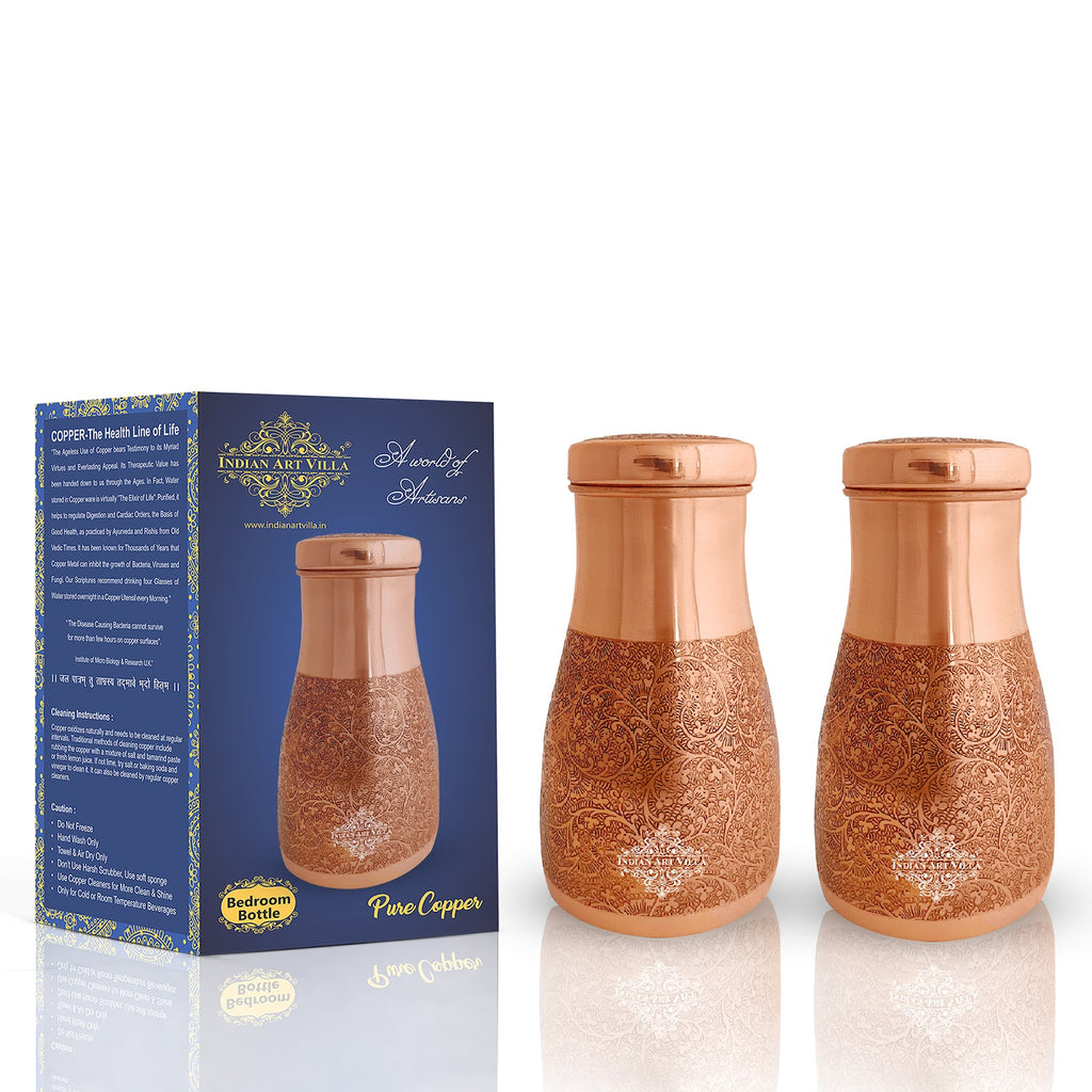 INDIAN ART VILLA Pure Copper Embossed Design Bedroom Water Bottle with Inbuilt Glass, Health Benefits, 1000 ML