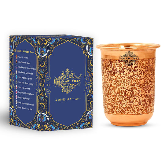 Pure Copper Embossed Design Curved Glass Tumbler 210 ML