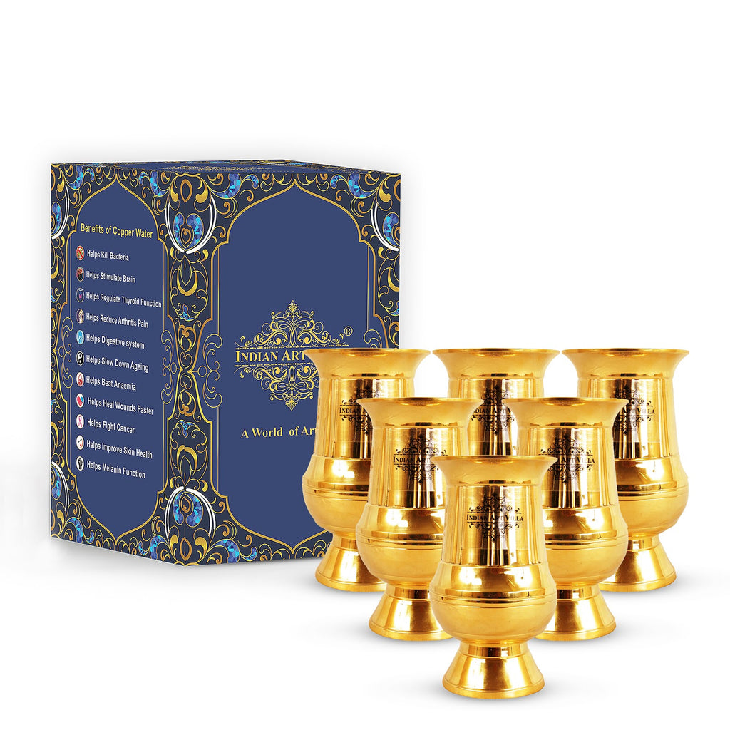 INDIAN ART VILLA Brass Gold Vertical Lining Glass, Tumbler, Curvy Shape | Drinkware | 250 ML