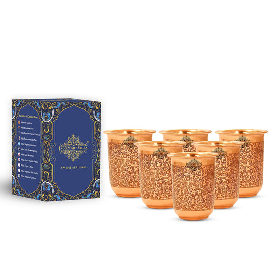Pure Copper Embossed Design Curved Glass Tumbler 210 ML