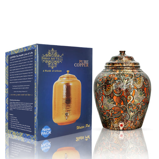 5 litre round copper matka with stand – extra-large CC-33 tamba matka on robust iron stand – copper matka 5 litre price