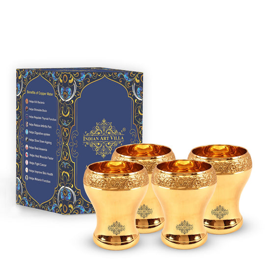 Brass glass with Mughlai floral design ideal for serving water or tea adding a traditional touch to your Indian Art Villa dining experience