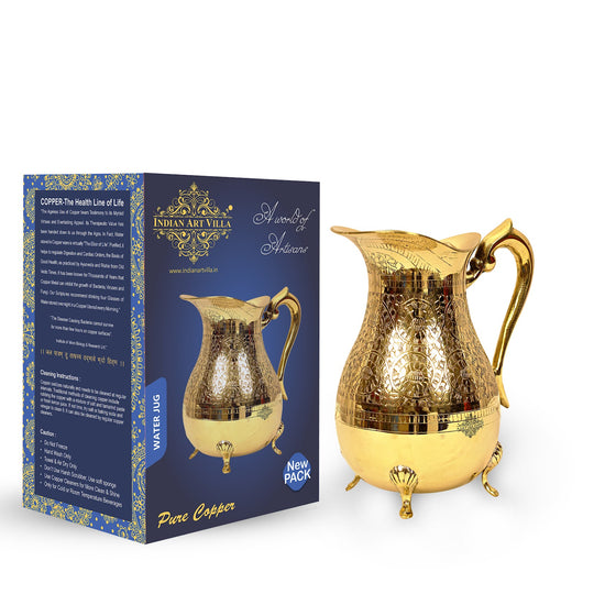 brass embossed jug pitcher with four elegant legs traditional handcrafted water container by indian art villa serveware