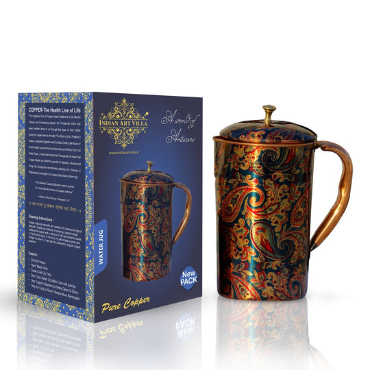 Ornate copper pitcher with multicolor paisley print, 1500ml Indian Art Villa Medallion series jug