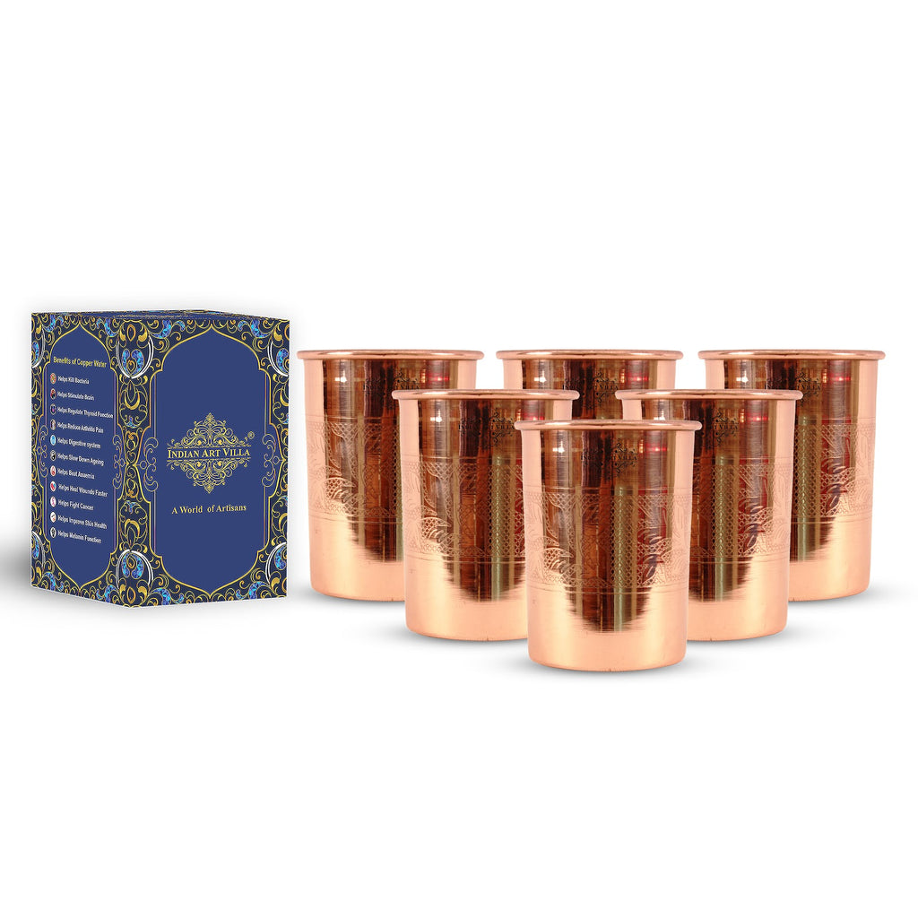 Indian Art Villa Pure Copper Embossed in Centre Glass, Tumbler, Drinkware, Serveware, 300ml
