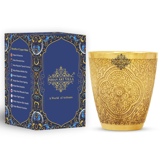 Pure brass tumbler with detailed floral engraving ideal for serving drinks with a vintage and classic appeal by IAV