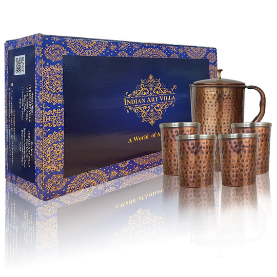 Gift set of 1 copper steel jug and 4 tumblers with hammered dark tone finish by Indian Art Villa 1500ml
