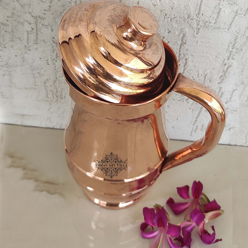Indian Art Villa Pure Copper Maharaja Style Jug, Pitcher With Lid, Serveware, Drinkware