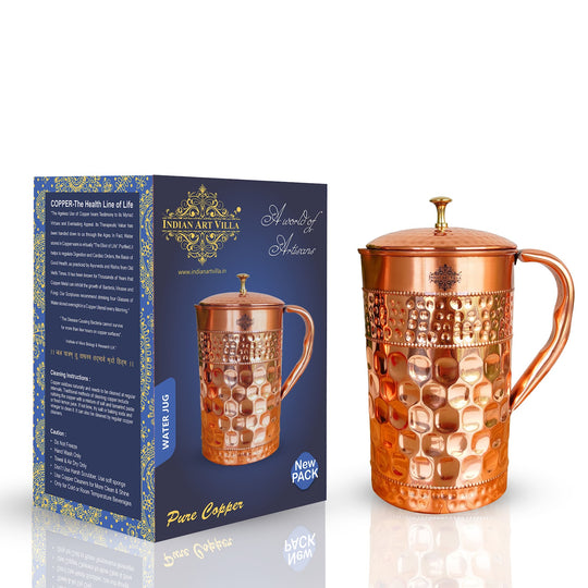 Traditional copper pitcher 1500ml with handcrafted beeding and hammered finish by Indian Art Villa wellness serveware