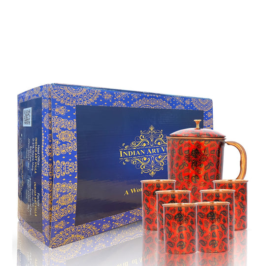 Stylish red copper jug set – designer printed pitcher with 6 matching glasses and gift box by Indian Art Villa