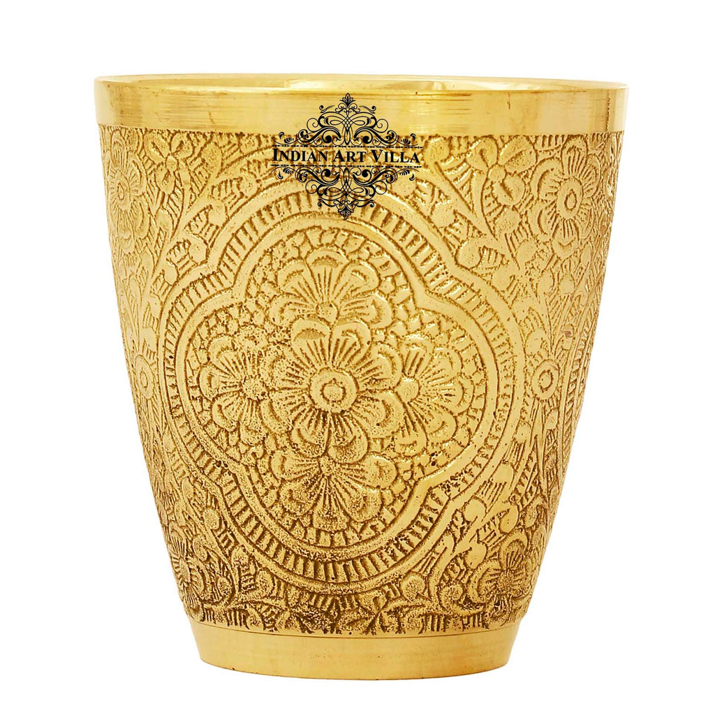 INDIAN ART VILLA Brass Embossed Designer Tumbler, Glass, Drinkware, 280 ml
