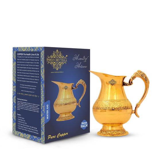 pure brass jug with beautiful embossed floral band and royal style handle traditional serveware by indian art villa