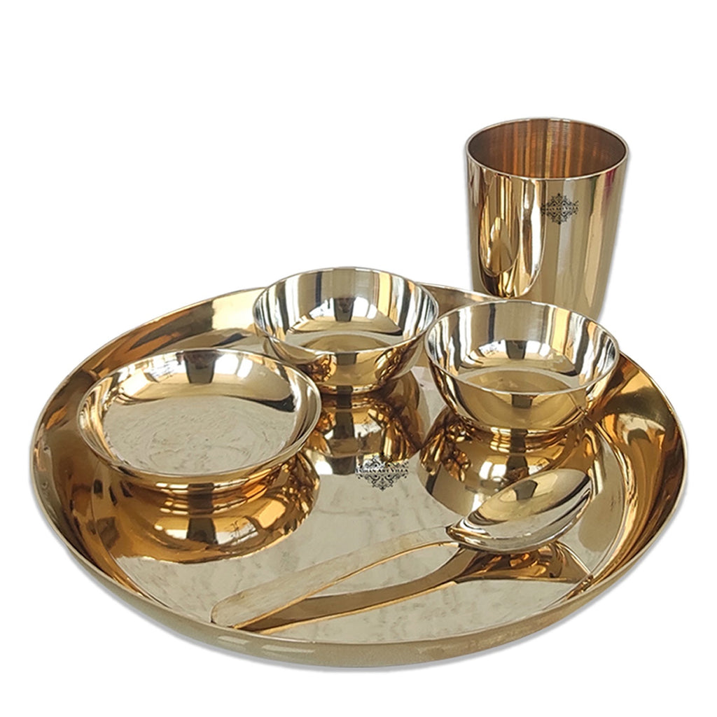 Indian Art Villa Pure Bronze Mirror Shine Dinner Set of Thali, Glass, Halwa Plate, Spoon & Bowls, Color- Gold, Dinnerware