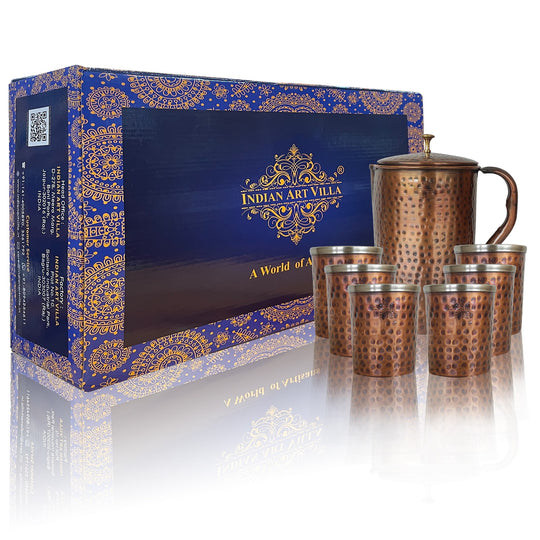 Gift set of 1 copper steel jug and 6 tumblers with hammered dark tone finish by Indian Art Villa 1500ml