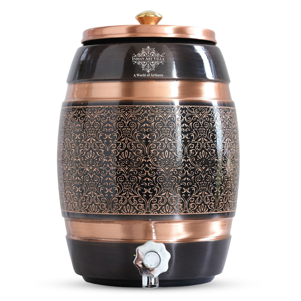 INDIAN ART VILLA Copper Water Pot with Embossed Design with Black printed Design 5 Liters
