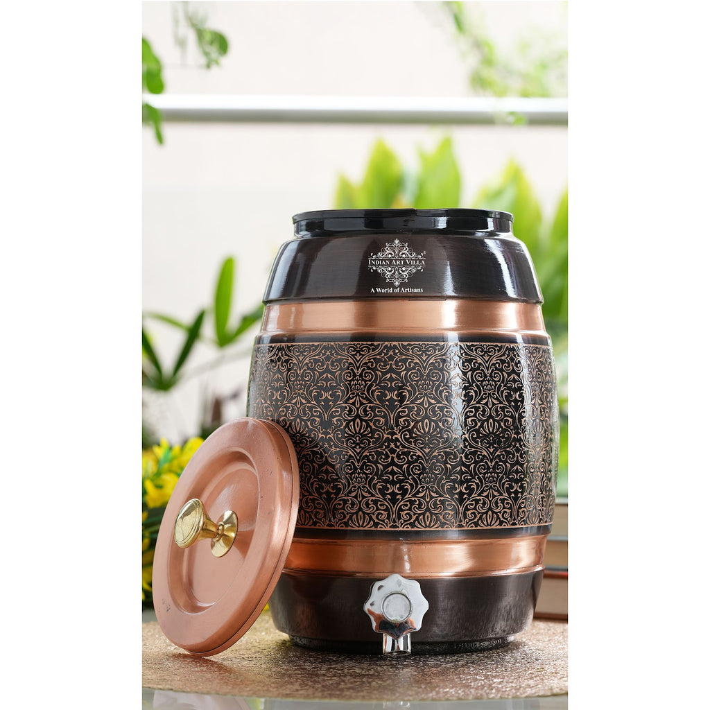 INDIAN ART VILLA Copper Water Pot with Embossed Design with Black printed Design 5 Liters