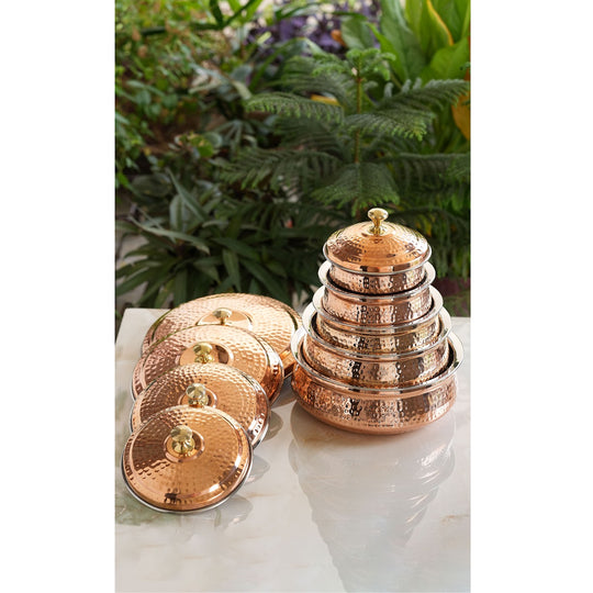 Handcrafted Pure Steel Copper Hammered Design Handi with Lid-Serveware, Tableware