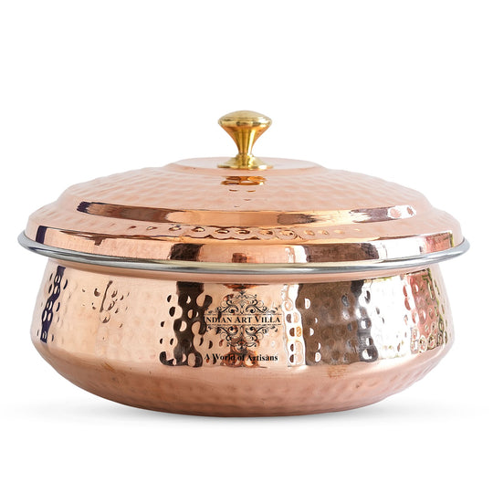 Handcrafted Pure Steel Copper Hammered Design Handi with Lid-Serveware, Tableware