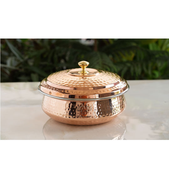 Handcrafted Pure Steel Copper Hammered Design Handi with Lid-Serveware, Tableware