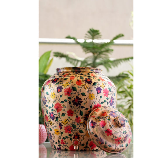Pure Copper Water Dispenser/Matka In Multi Color Floral Print Design with Brass Tap,13 Ltr.