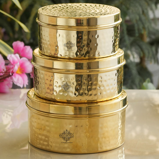 Handmade brass container set with hammered lid design polished golden surface and seamless round traditional shape