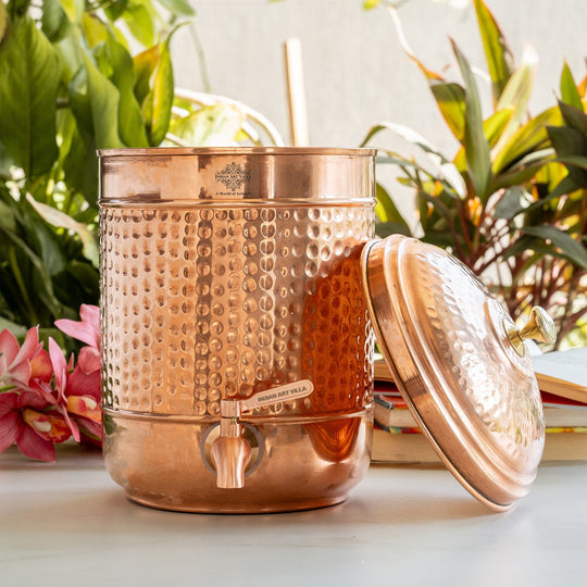 Large 5 litre hammered copper matka in corner of traditional Indian kitchen – copper matka 5 litre price