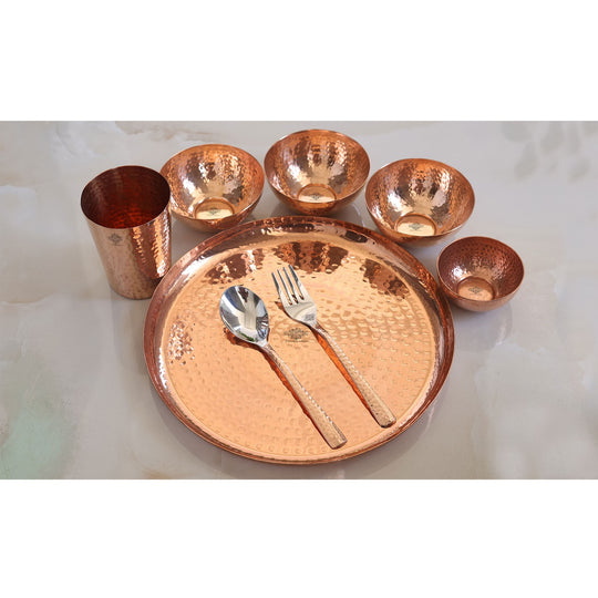 Handcrafted Pure Copper 8 Pieces Dinner Set with Hammered Design