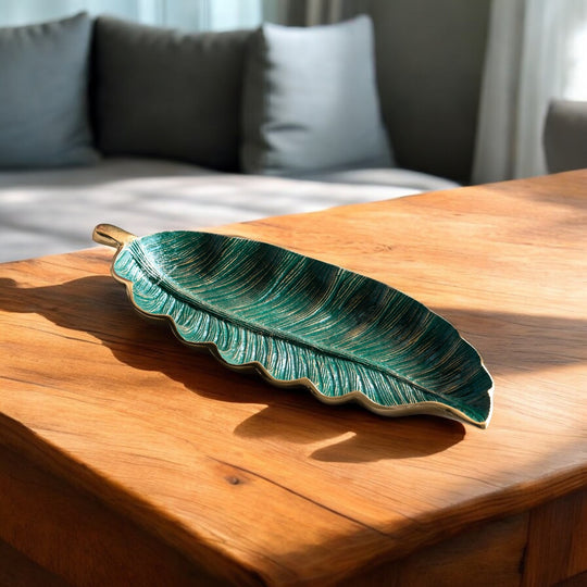 Gold Finish Green Leaf Design Decorative Platter – 43 Cm Banana Leaf Shaped Tray for Home Décor