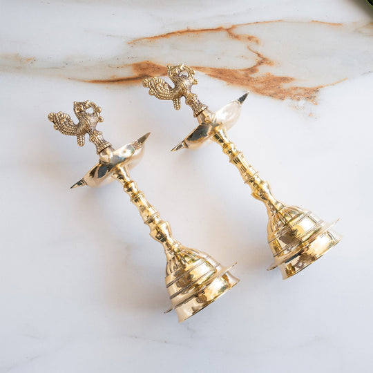Brass Pillar Diya Set of 2 - Traditional South Indian Temple Oil Lamps