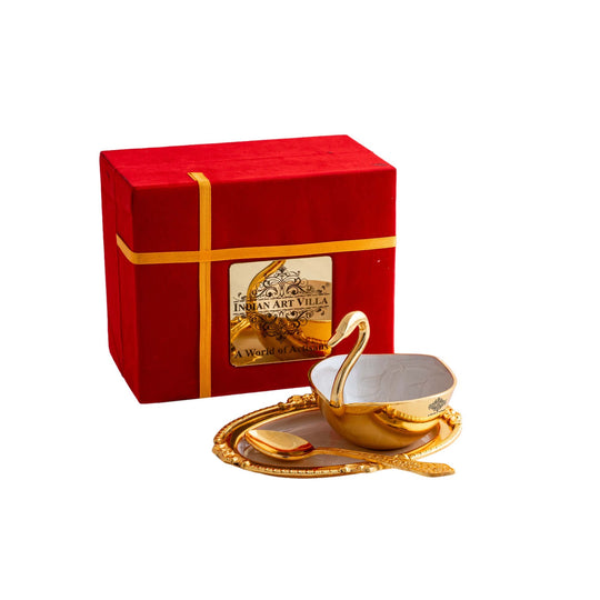 Pure Gold Polish Ceramic Finish Duck Design Bowl with 1 Tray & 1 Spoon