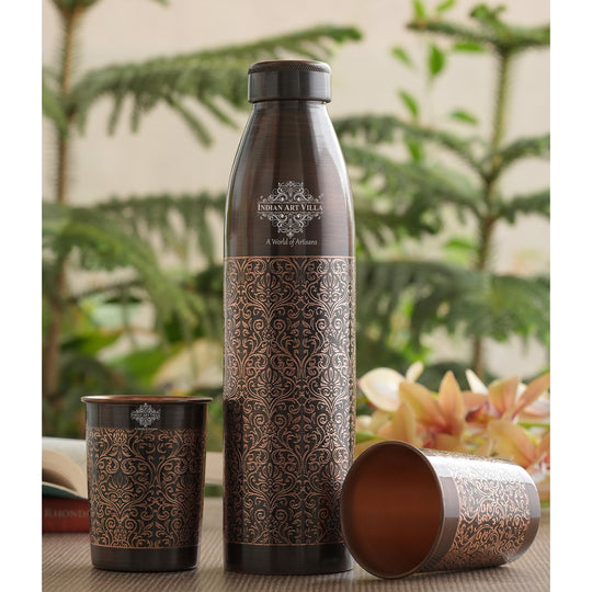 Pure Copper Antique Finished Embossed Design Bottle With Glass Set