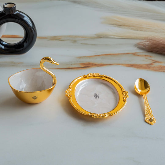 Pure Gold Polish Ceramic Finish Duck Design Bowl with 1 Tray & 1 Spoon