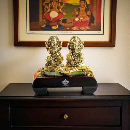 Brass Finish Ganesh Ji With  Laxmi JI Murti with Wooden Base