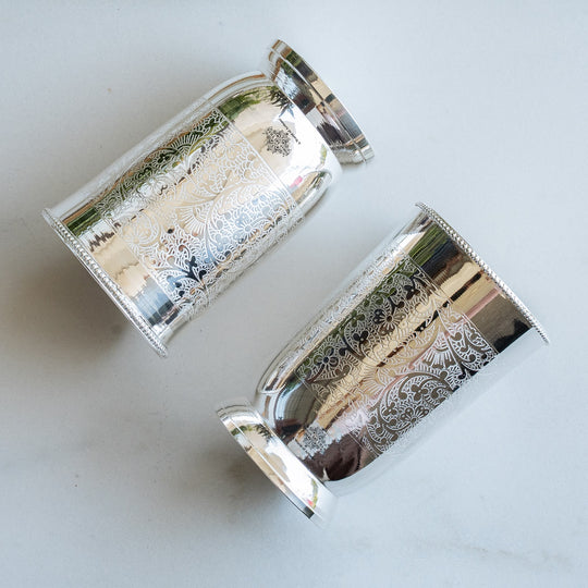 Embossed Designer Silver Plated Set of 2 Designer Glass With Blue Box